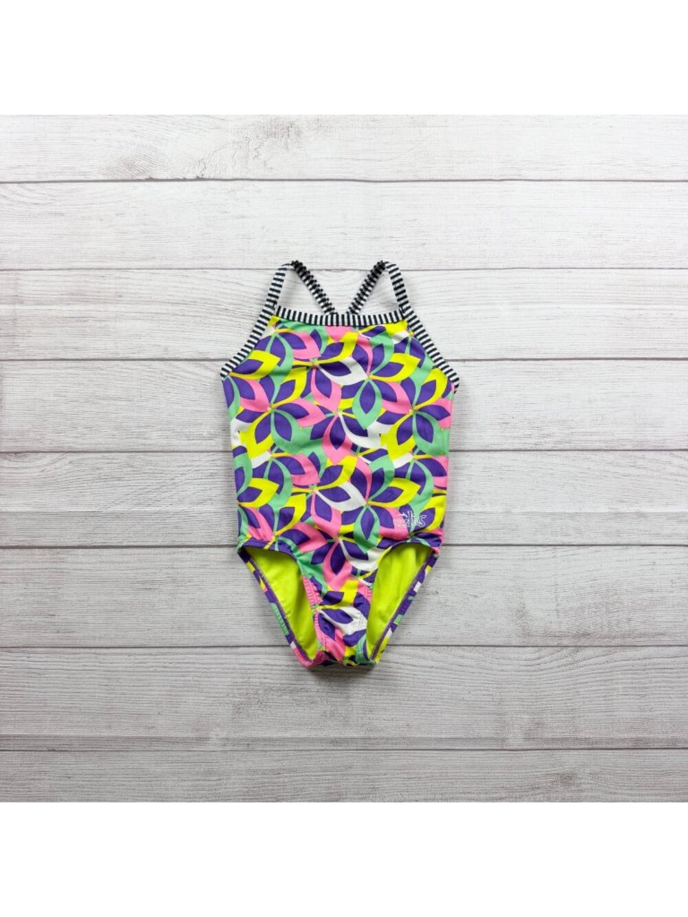 Dolfin Uglies Girls One Piece Floral Swimsuit Neon Striped Straps 8
